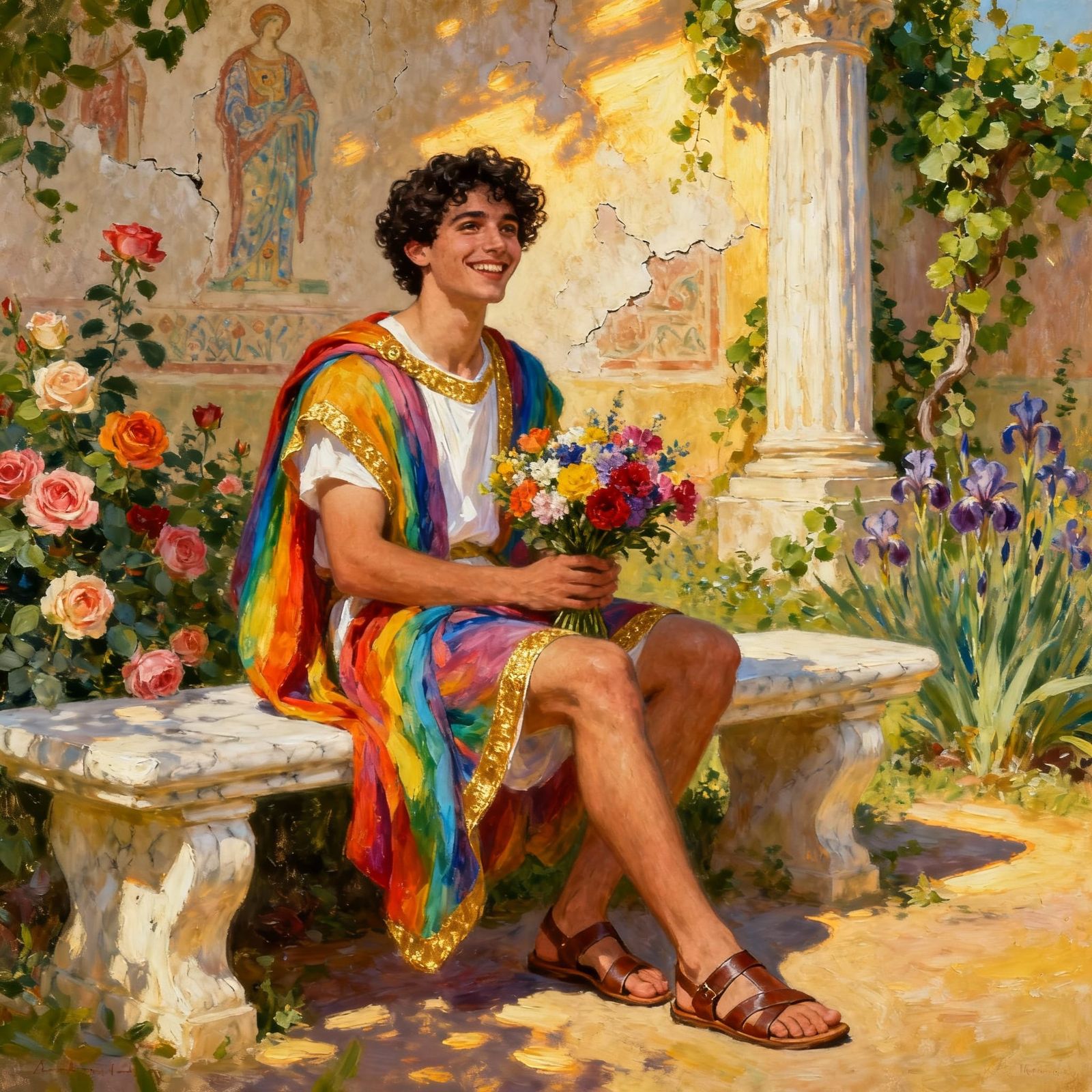 Joyful Man in Rainbow Tunic in Classical Garden