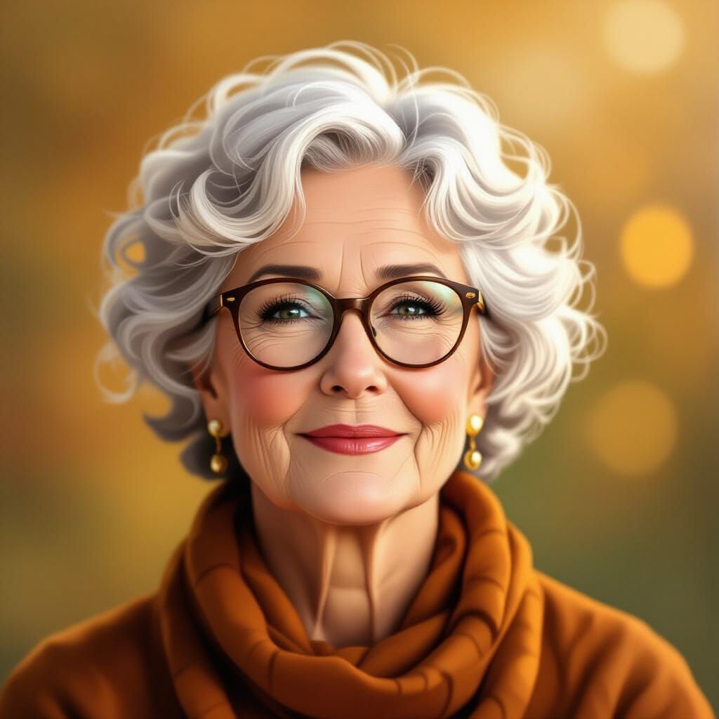 Portrait of a 66-Year-Old Grandmother with Curly White Hair