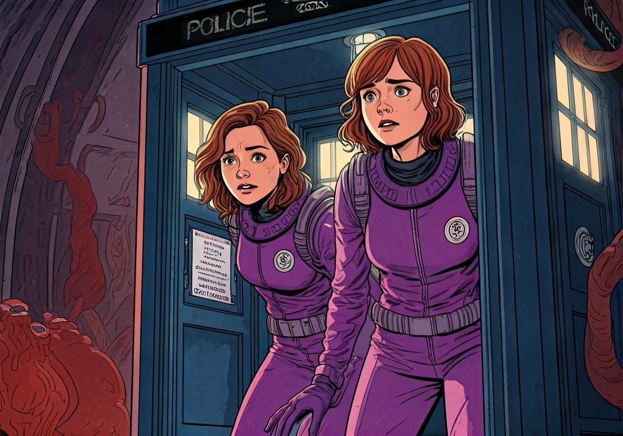 Worried Time-Traveling Friends in Vibrant Watercolor Tardis