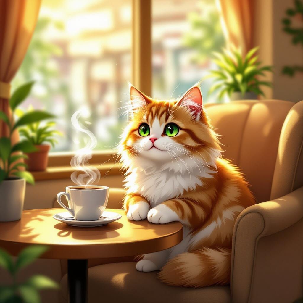 Fluffy Ginger Cat in Sunlit Cafe, Anime Style