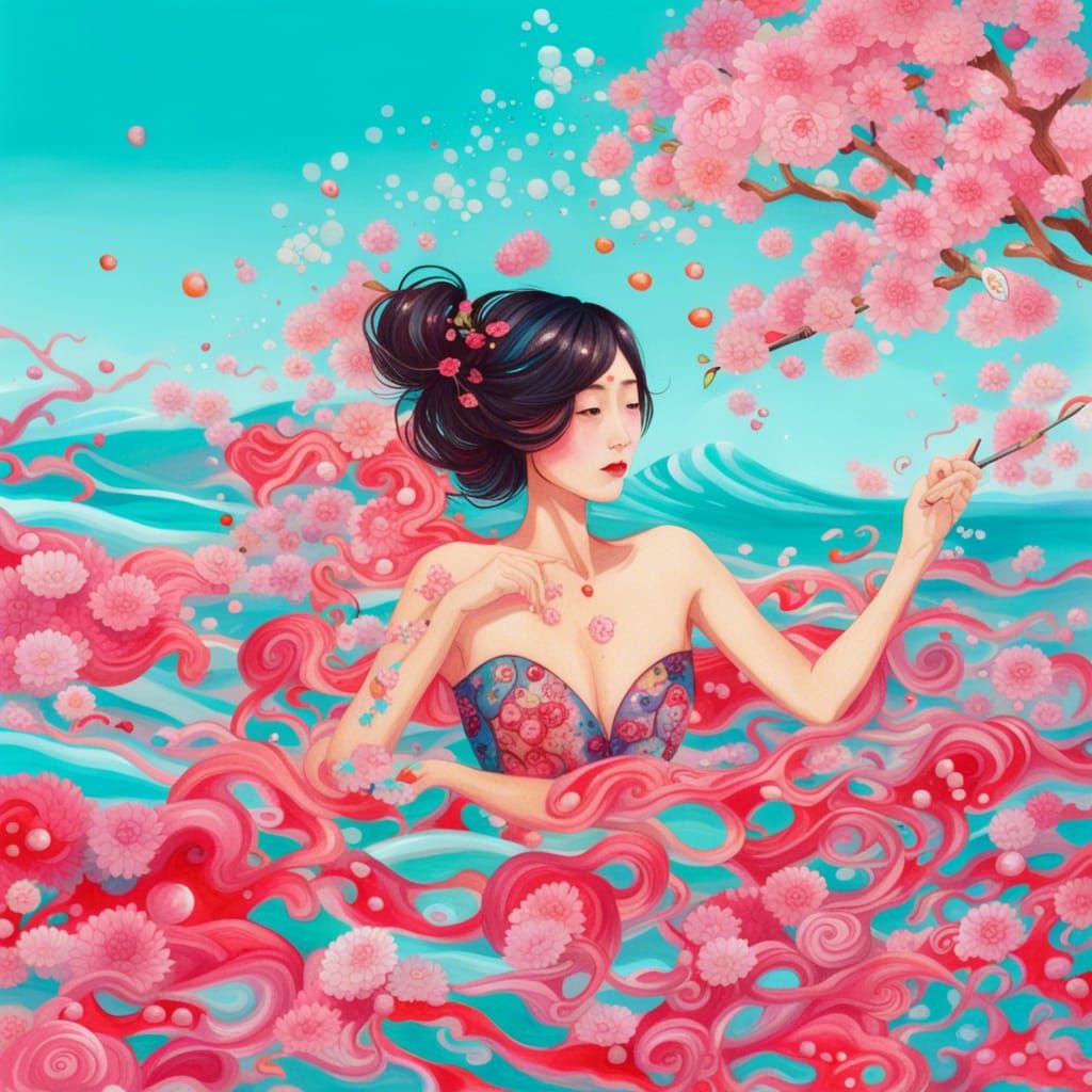 Japanese Woman Swimming in Cherry Blossom Sea
