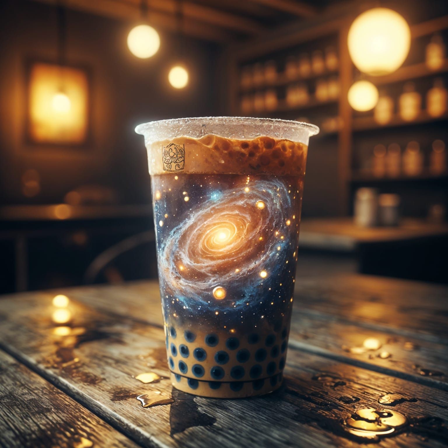 Galactic Bubble Tea in Dimly Lit Shop