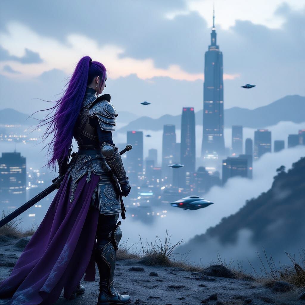 Stoic Knight Overlooks Misty Futuristic Cityscape in Graffit...