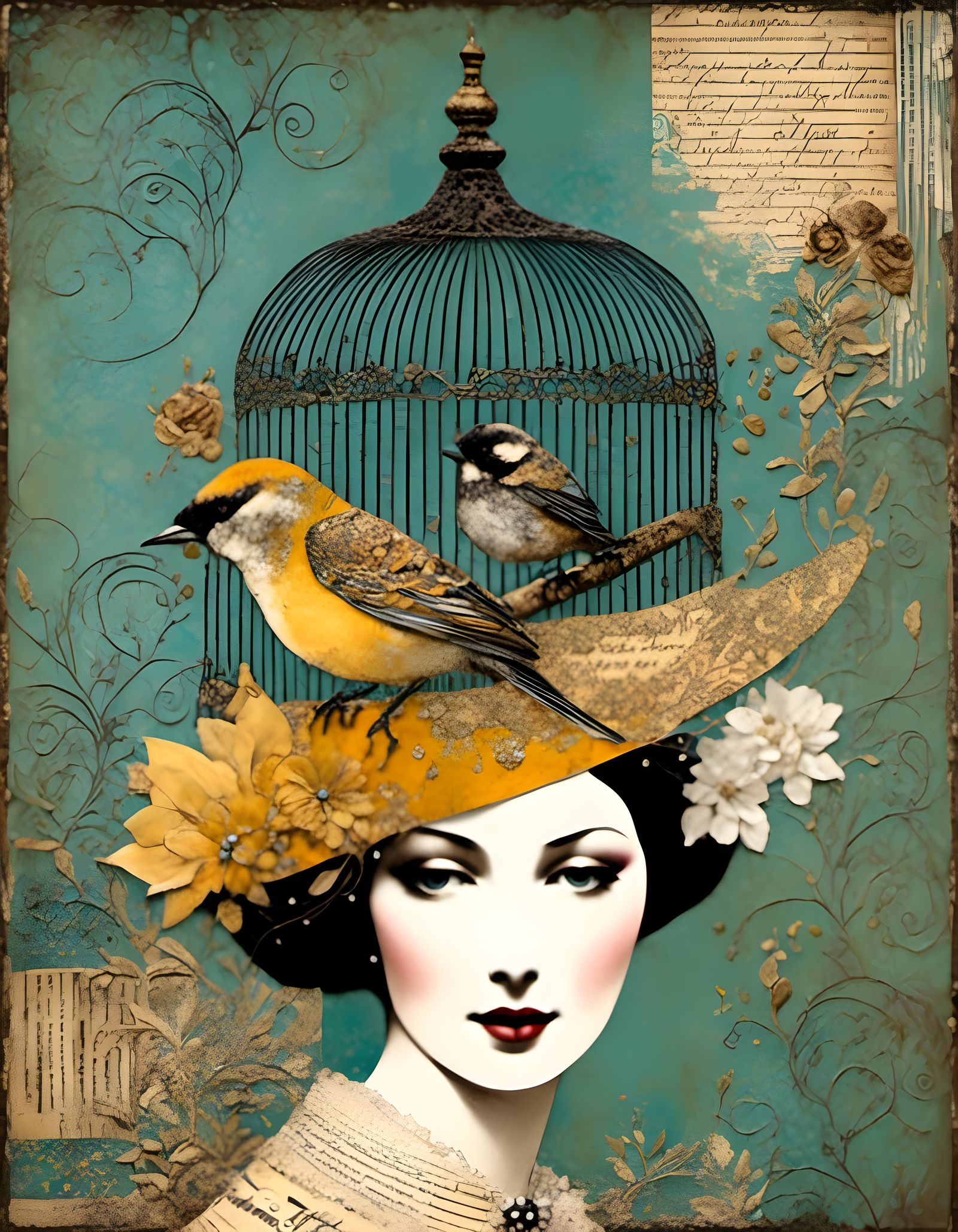 Elegant Woman in Vintage Collage Style with Intricate Detail...
