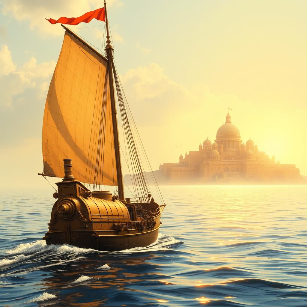 Steampunk Warship Sails to Sunlit City