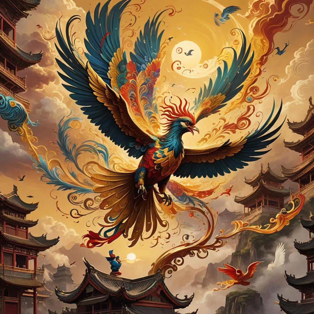 Colorful Chinese Phoenix Soaring in Golden Sky