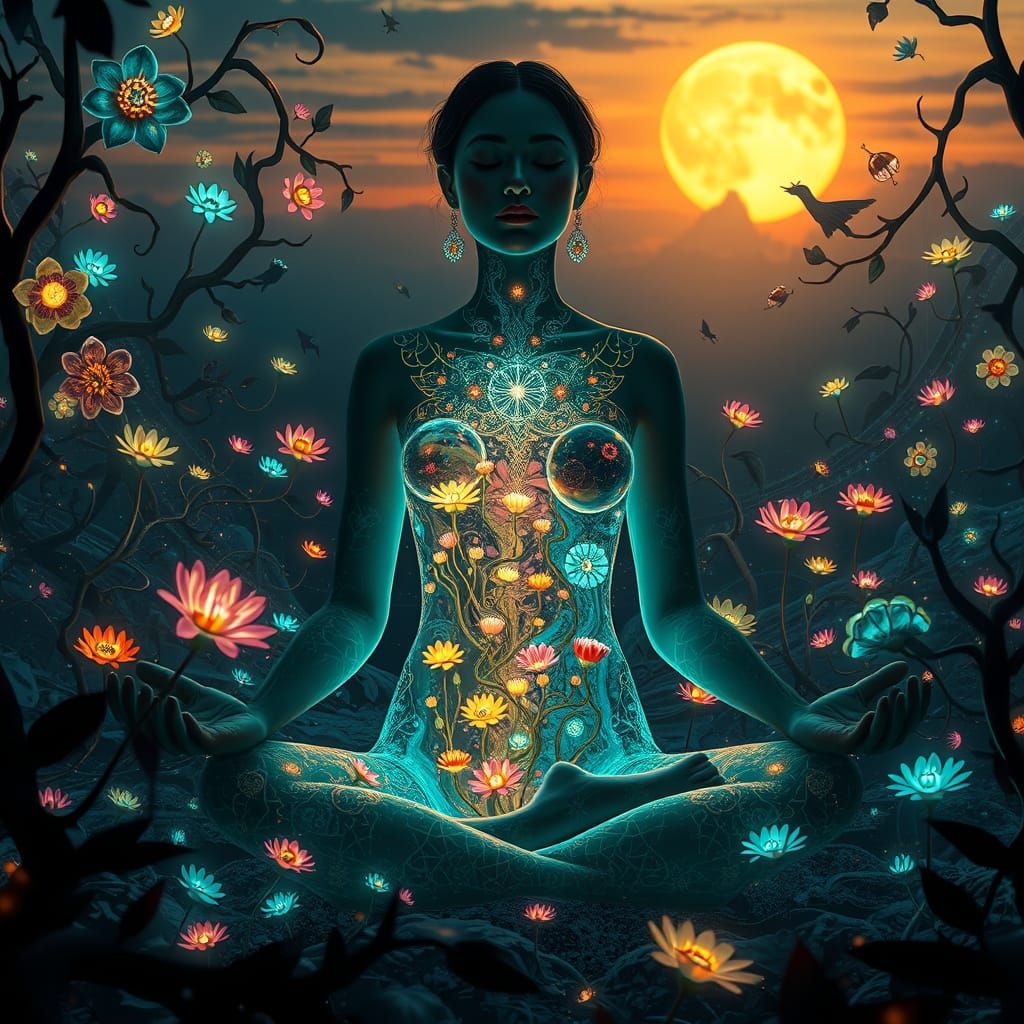Ethereal Dreamscapes: Mystical Woman Meditating in a Vibrant...