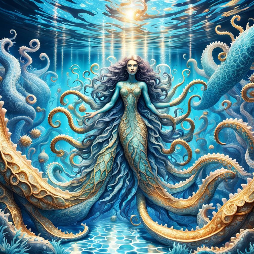 Siren with Tentacles in Sparkling Pool, 3D Art