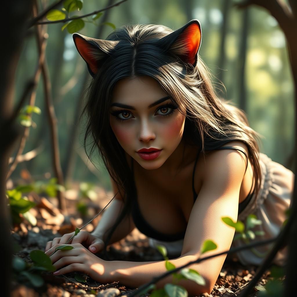 Cat Woman Crawling in Woods, Digital Art