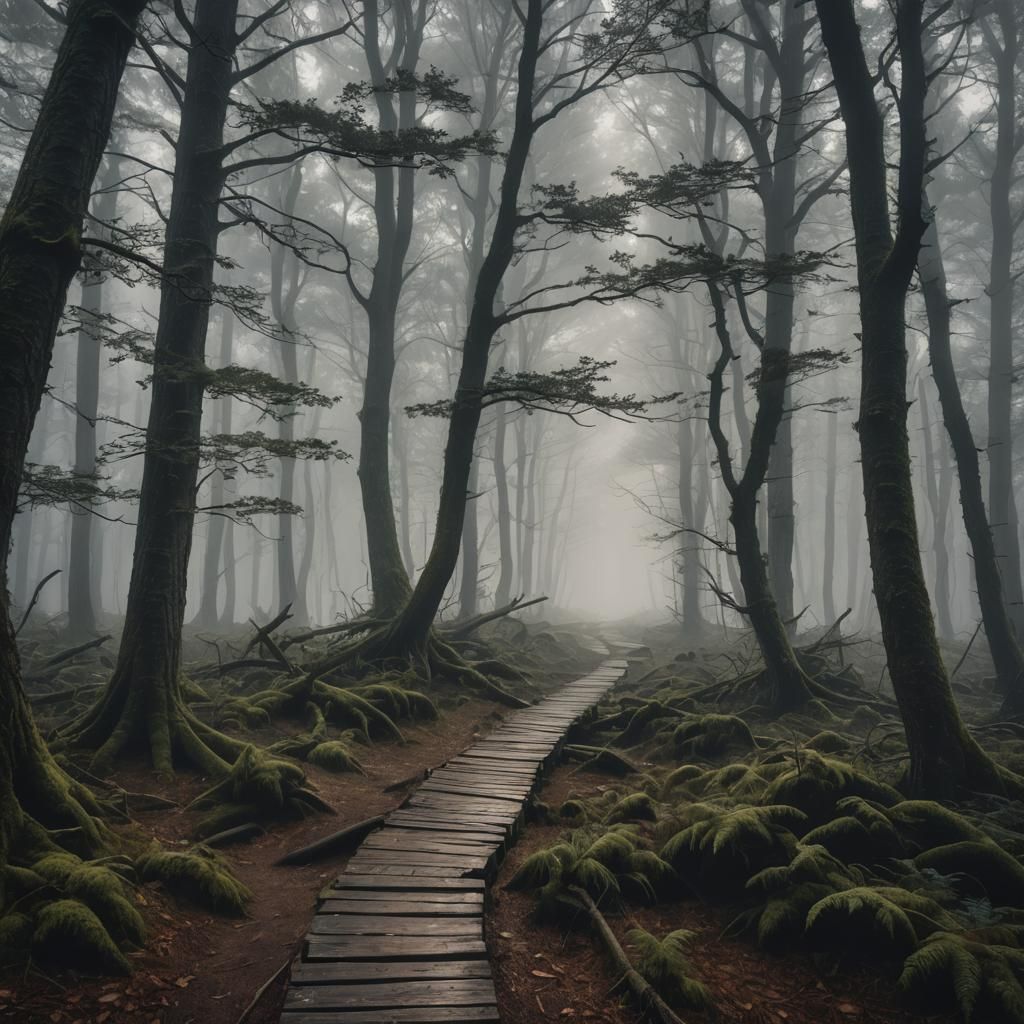 Mysterious Forest Path in Darkened Woodland