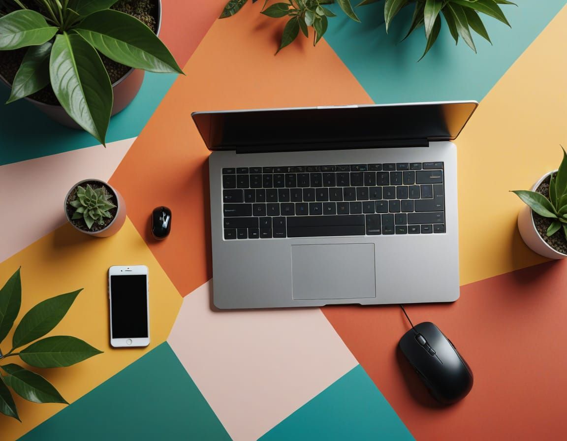 Laptop, Mouse, and Plant on Geometric Background in Minimali...
