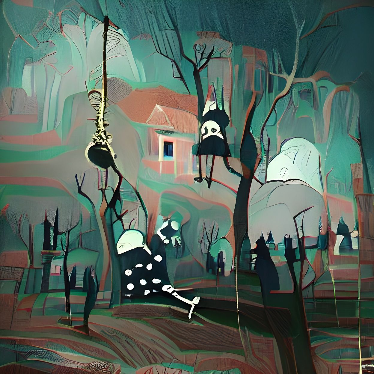 Haunted Corpse in Forest: Film Noir Etching