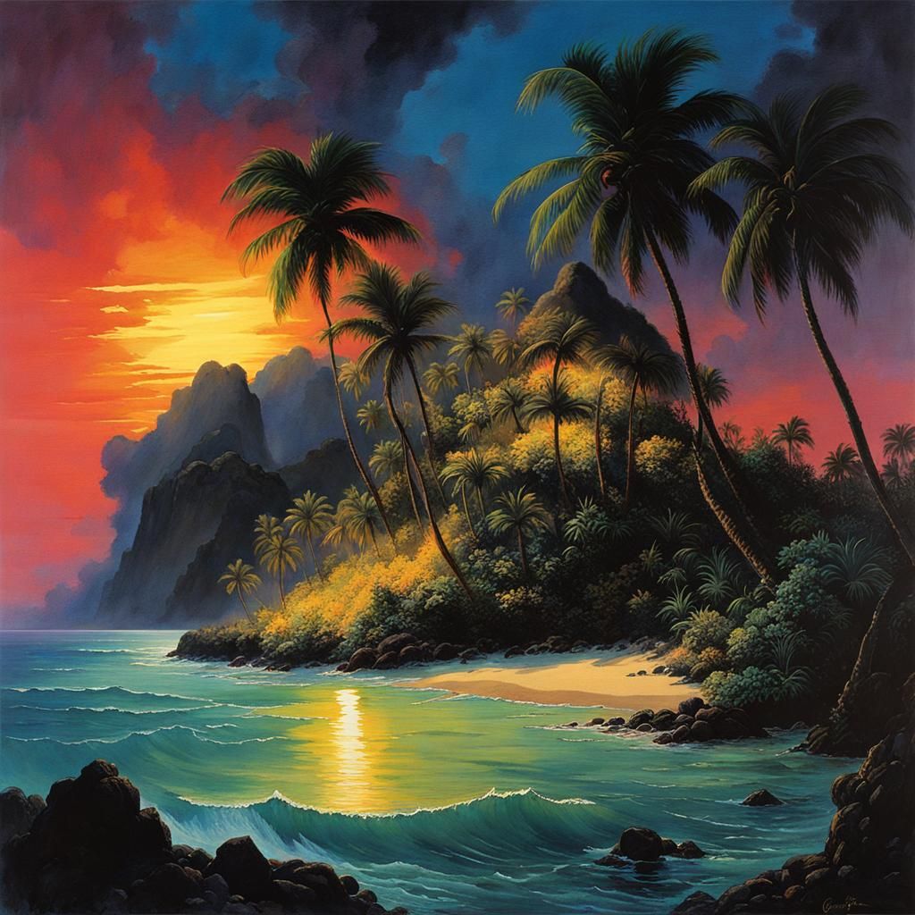 Tropical Oasis at Night: A Watercolor Paradise