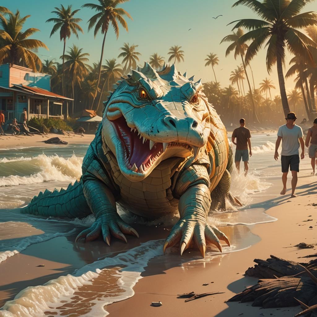 Giant Albino Caiman Emerges on Beach: Matte Painting