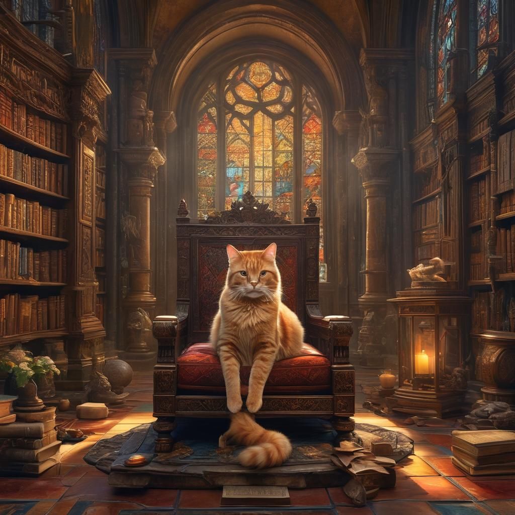 Regal Cat on Throne in Mystical Library