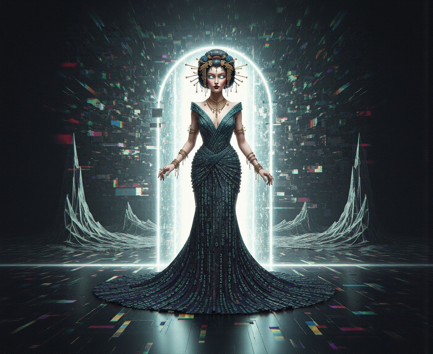 Cubist Geisha in Binary Code Gown Before Portal