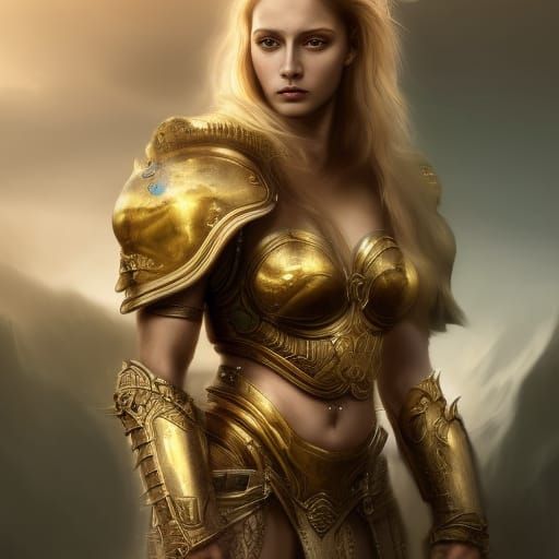 Golden Armored Warrior Woman in Detailed Matte Painting