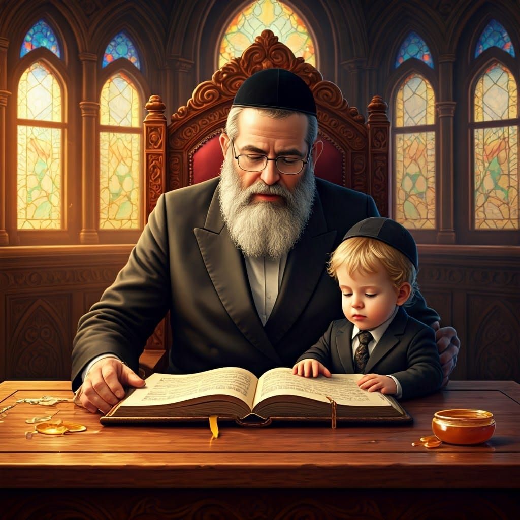 An ultra-Orthodox Jewish man is sitting on a chair in a children's classroom and at his feet is his three-year-old son w...