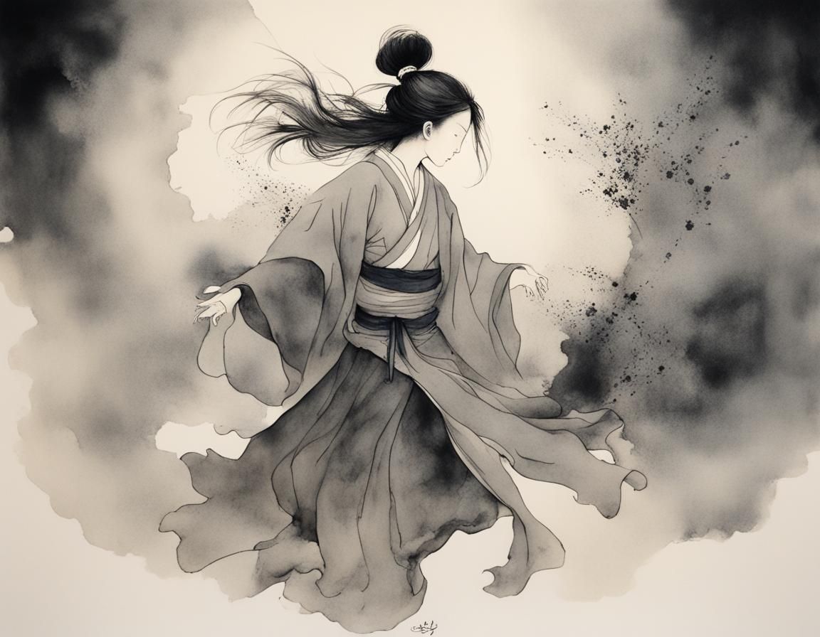 Levitating Zen Master in Ink Wash Style