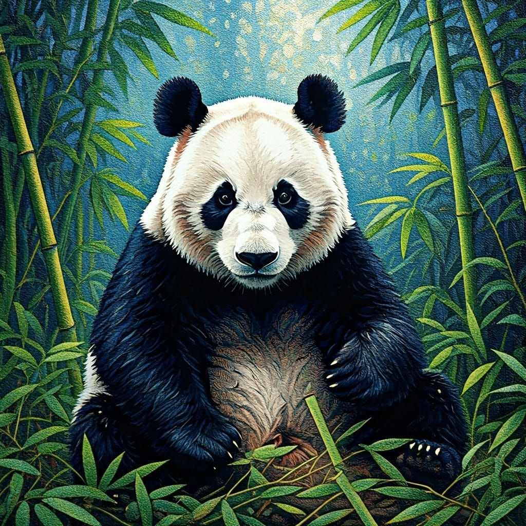 Pointillist Panda in Bamboo Grove as Seurat Painting