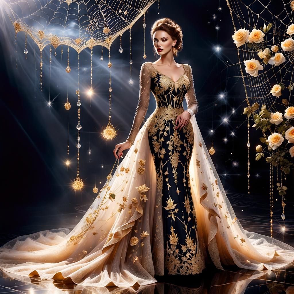 Spiderweb Dress with Gold Filigree and Crystals