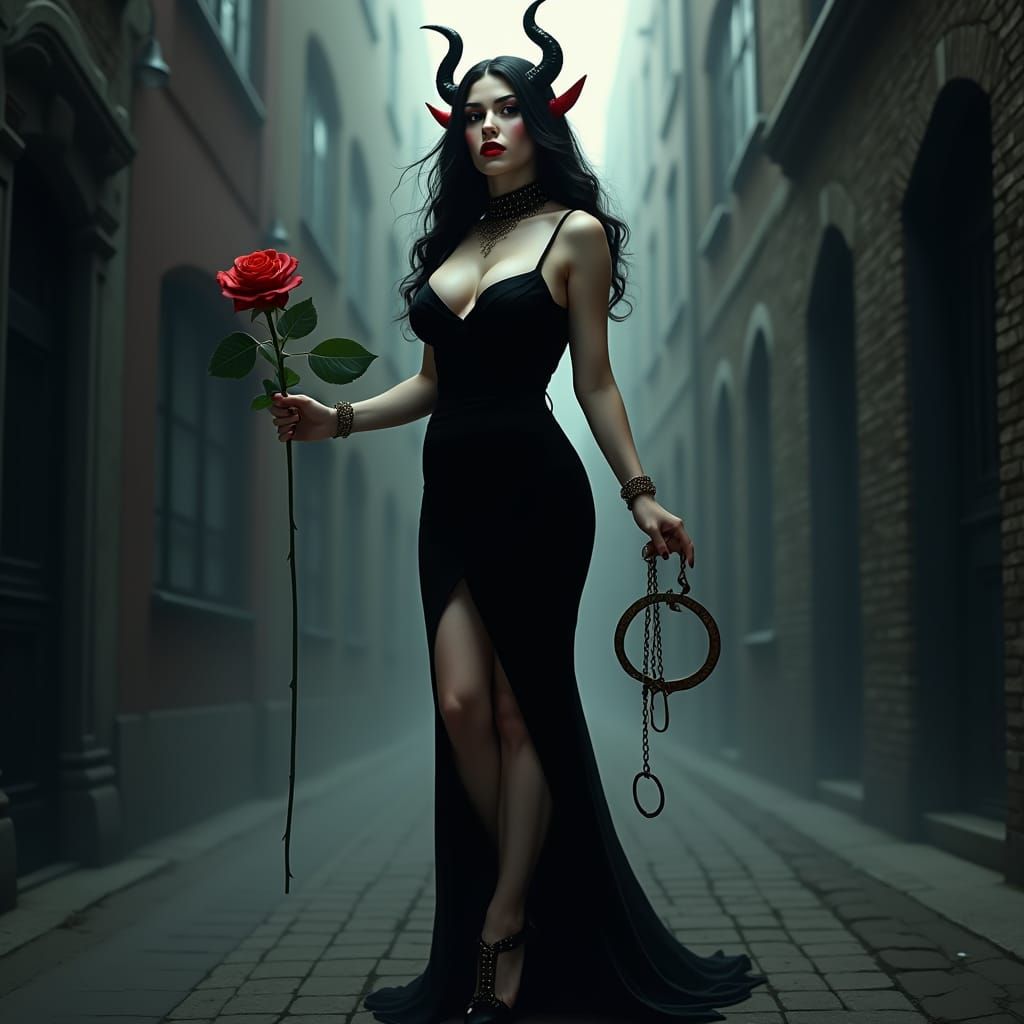 Gothic Demon Girl in Mist-Shrouded City