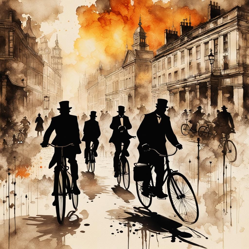 London Street Cyclists in Steampunk Ink Painting Style