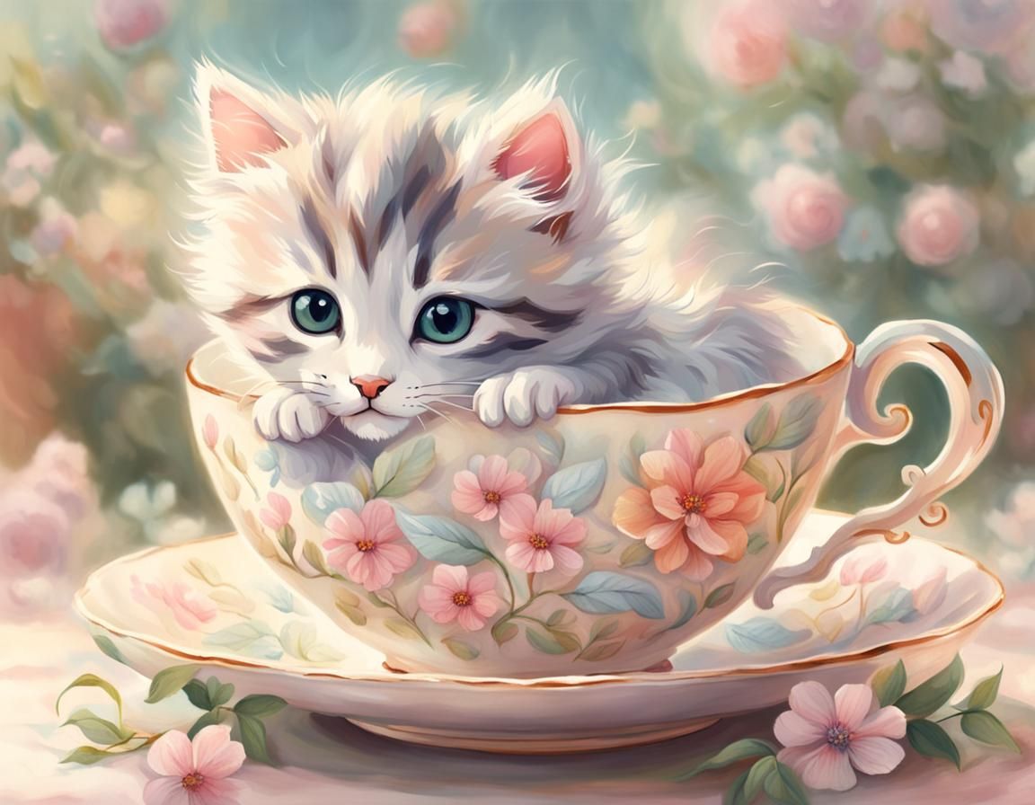 Kitten Peeking from Teacup in Whimsical Style