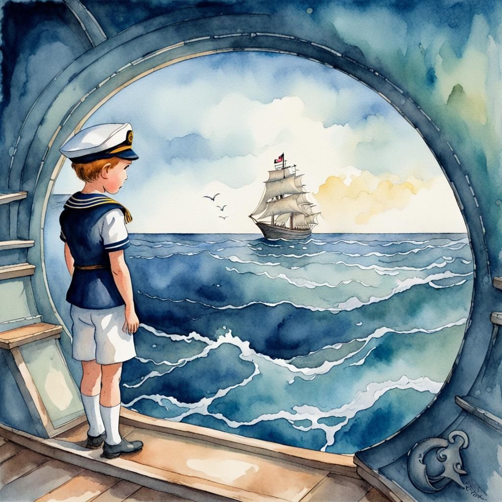 Watercolor Sailor's Deep Sea Storybook Illustration