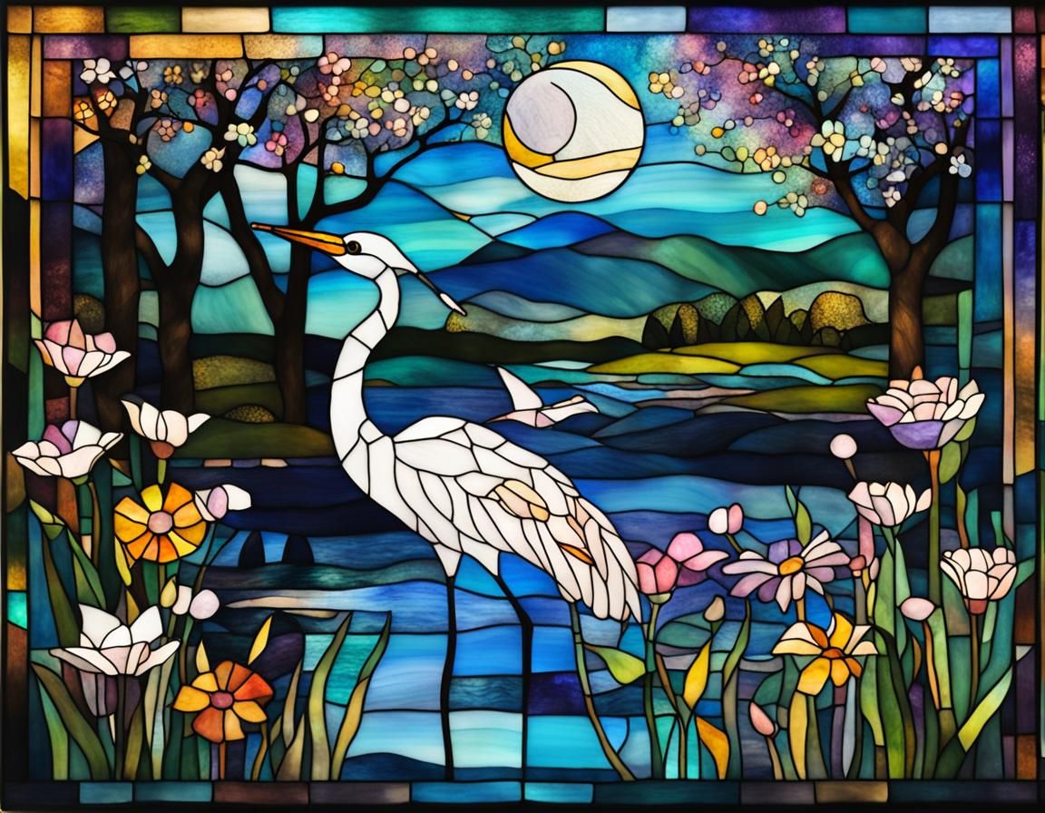 Stained Glass Crane in Pond with Pastel Flowers