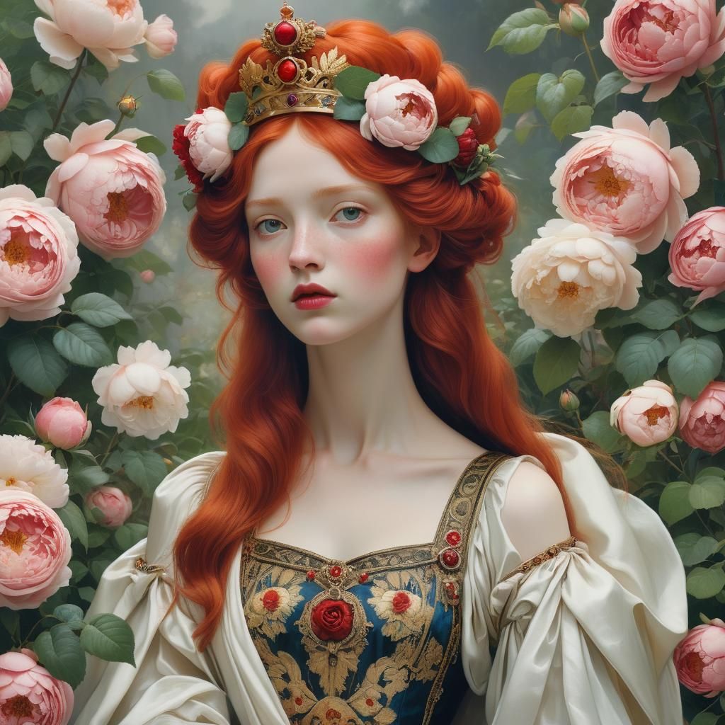Pre-Raphaelite Queen with Roses and Peonies