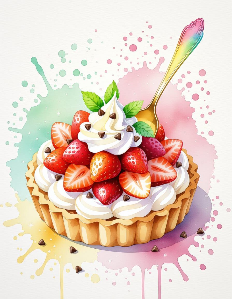 Watercolor Splash Art of Strawberry Tart