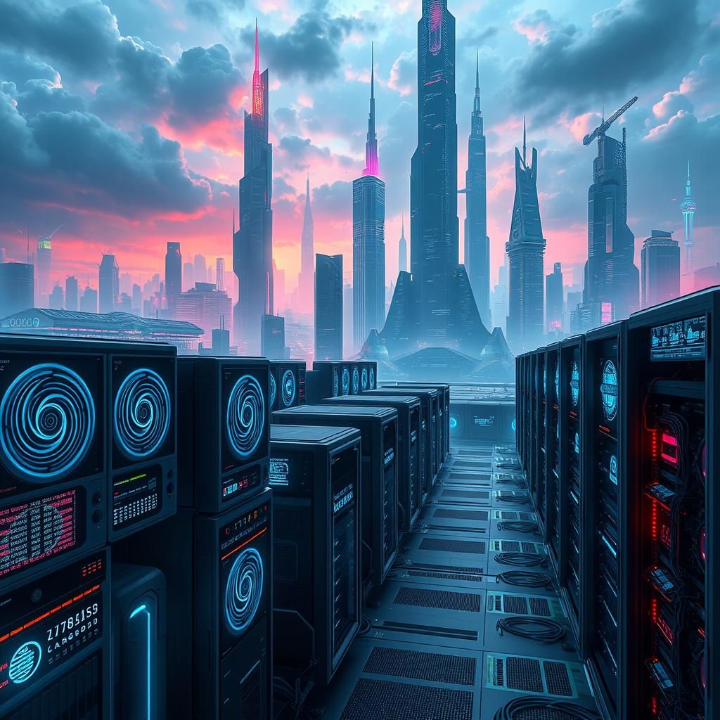 Futuristic Server Farm in a Sci-Fi Cityscape