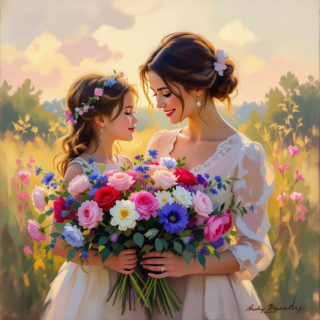 Mother and Daughter with Flowers in Golden Hour Light