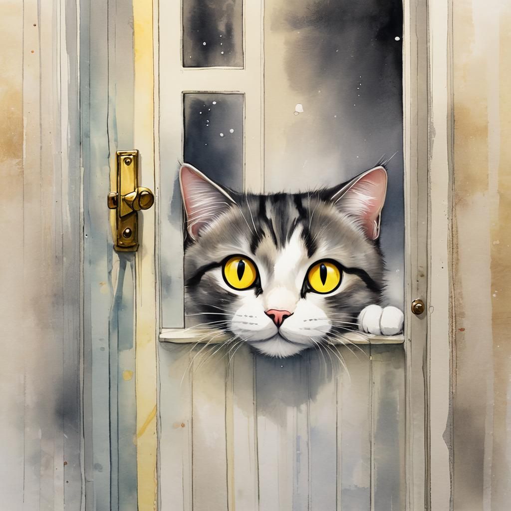 Cute Cat Peeking: Whimsical Cartoon Ink-Wash Painting