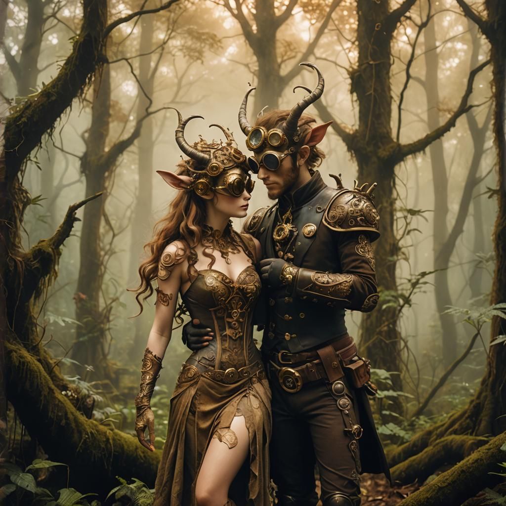 Steampunk Faun Couple in Mechanical Forest