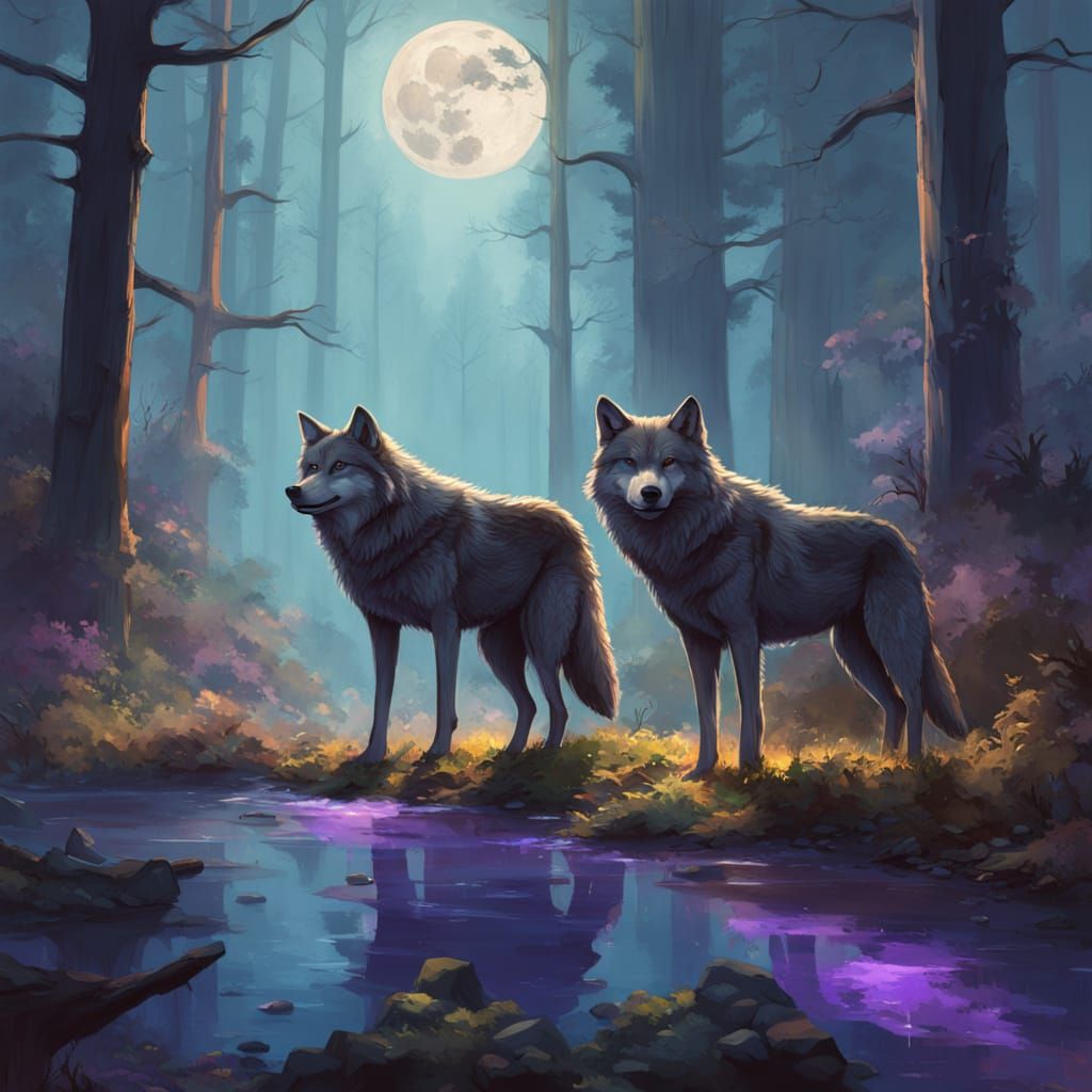 Moonlit Wolves in Misty Forest, Cinematic Hyperrealism