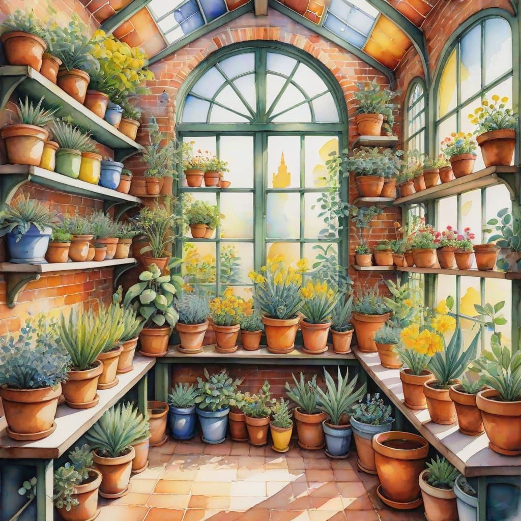 Whimsical Watercolour Brick Glasshouse Interior