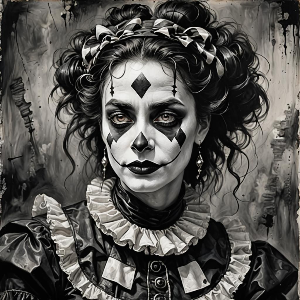 Monochrome Harlequin Mime Portrait in Expressionist Impasto ...