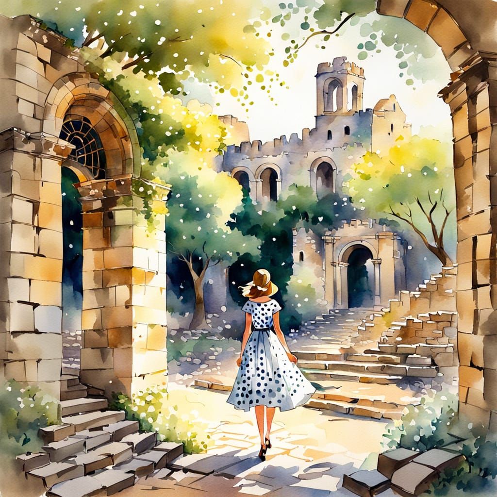 Girl in Polka Dot Dress, Watercolor Sketch