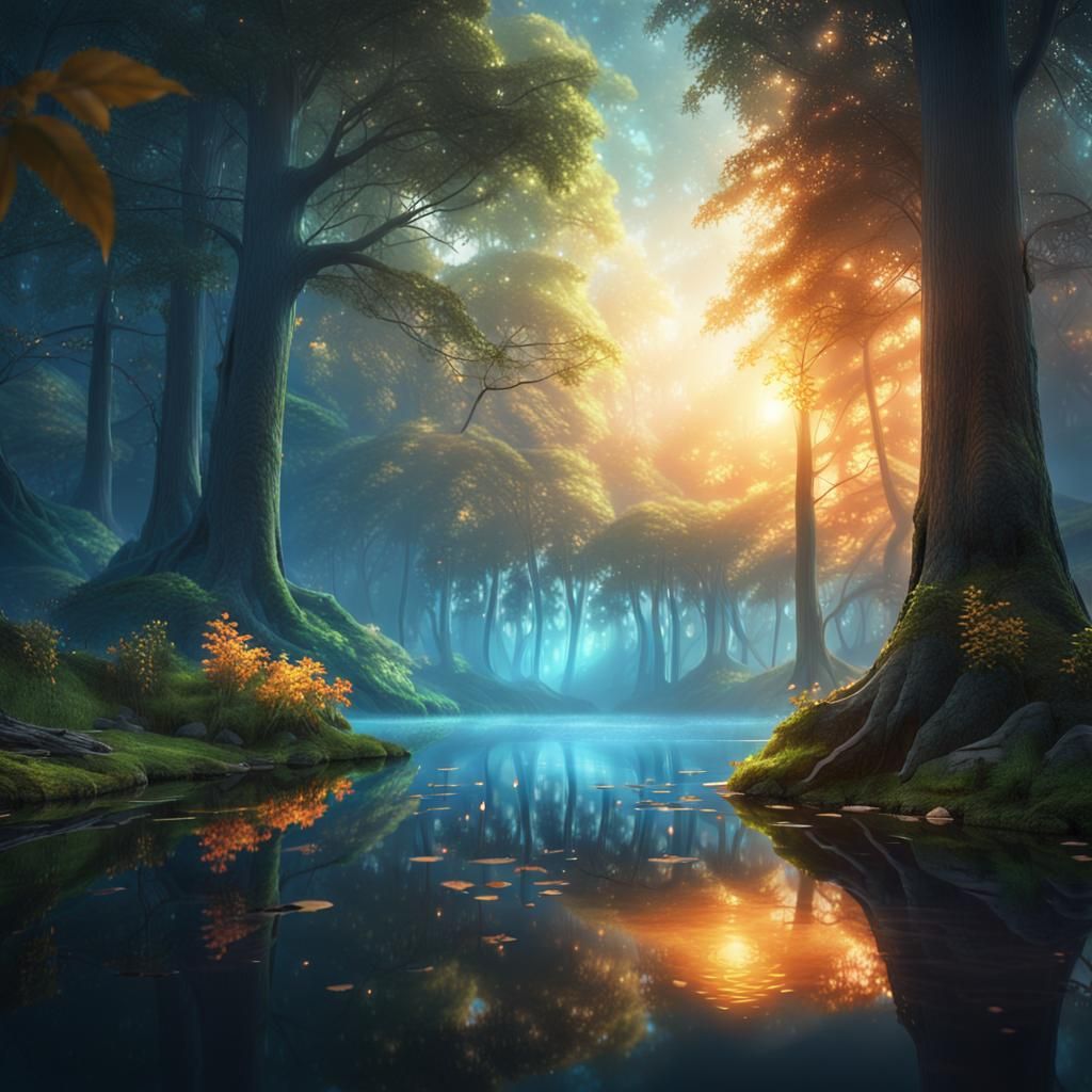 Mystical Forest Lake: A Fantasy Landscape Painting
