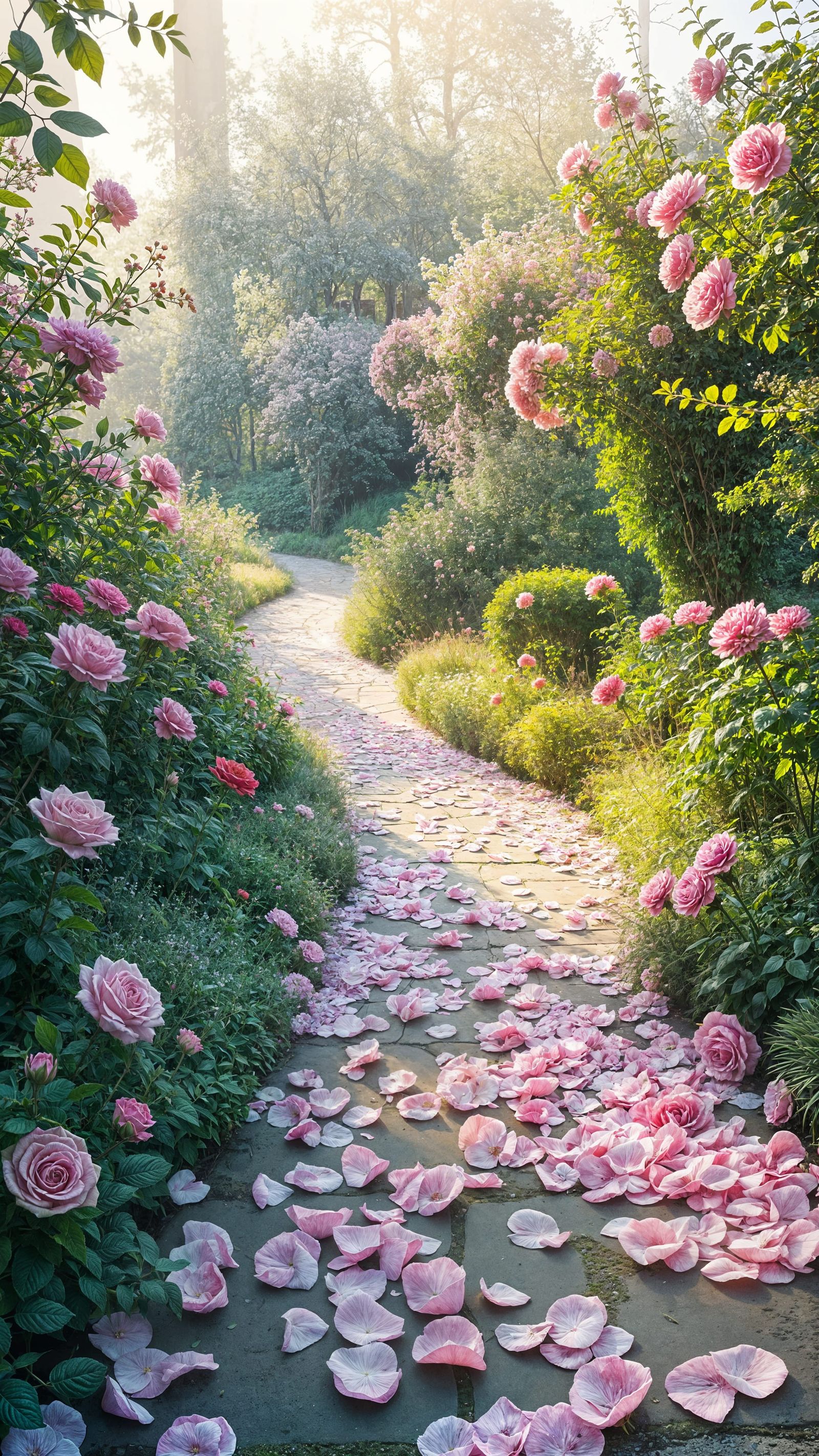 Dreamy Garden Pathway with Flower Petals