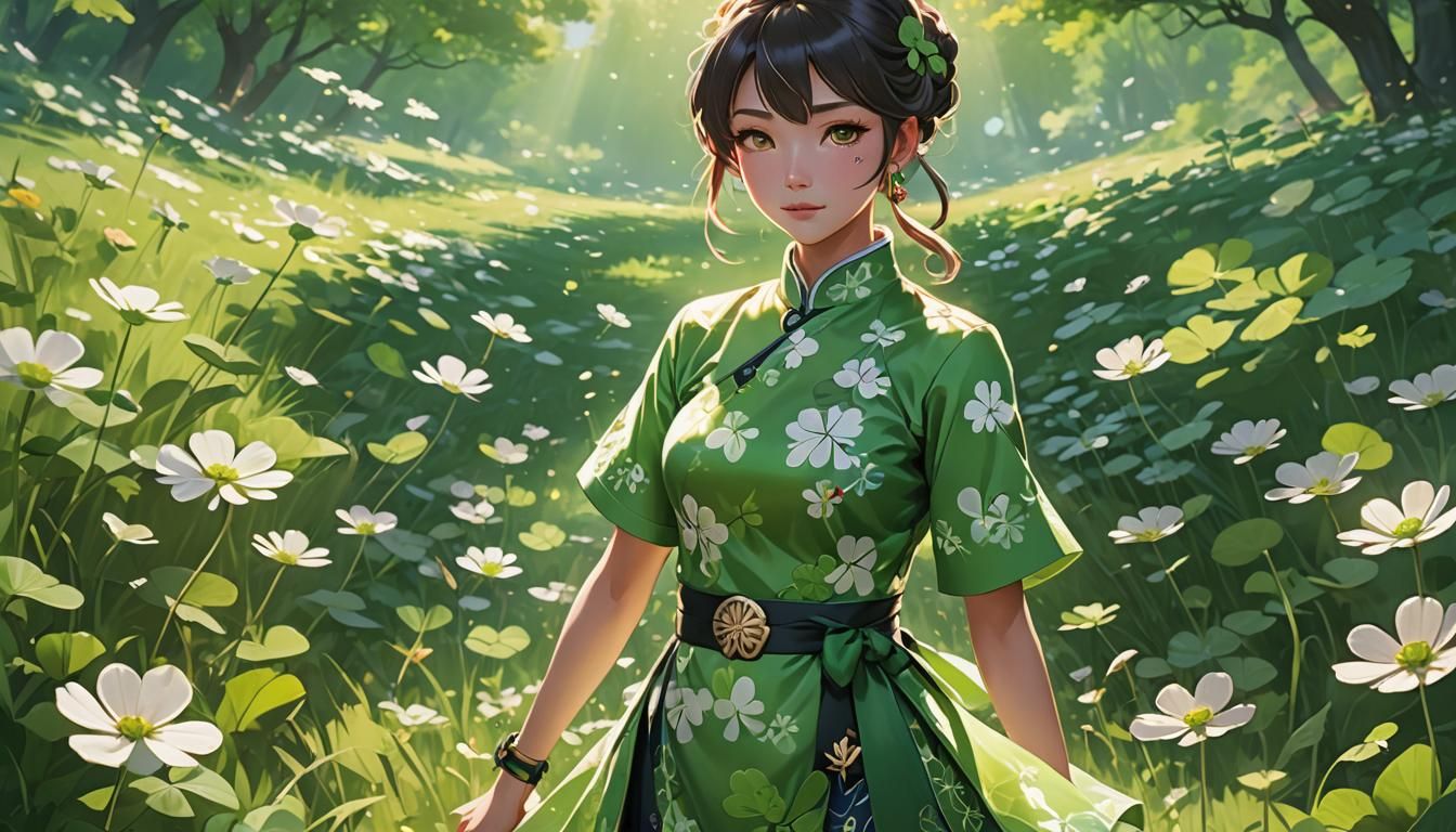 Anime Woman in Clover Meadow: Genshin Impact Style