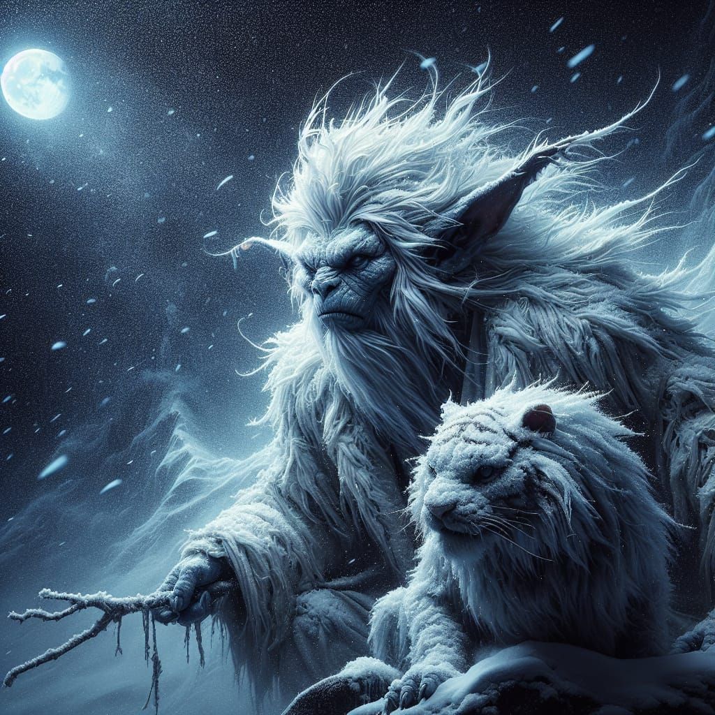 Monk and Tiger in Snowy Fantasy Landscape