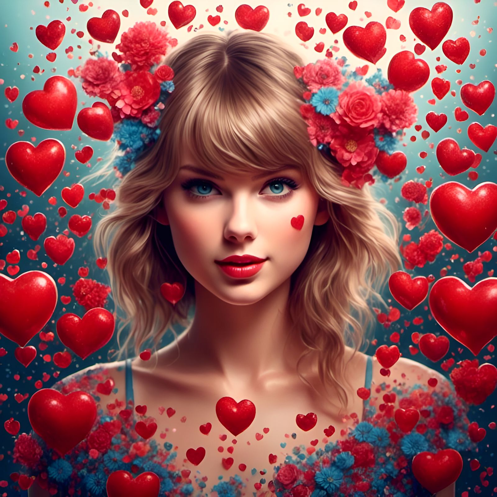 Taylor Swift Portrait with Hearts and Flowers