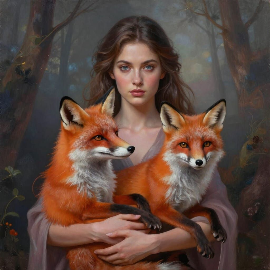 Magical Realism Painting of Woman Holding Fox