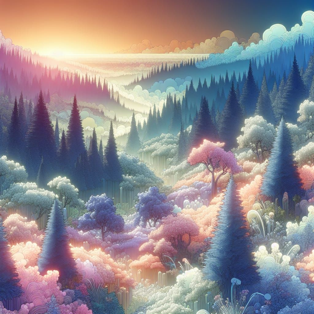 Vibrant Pastel Forest Landscape at Dawn