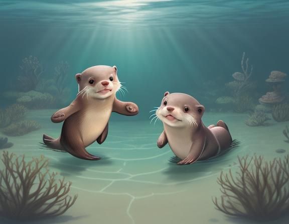 Cute Otters Playing Underwater: Kawaii Illustration