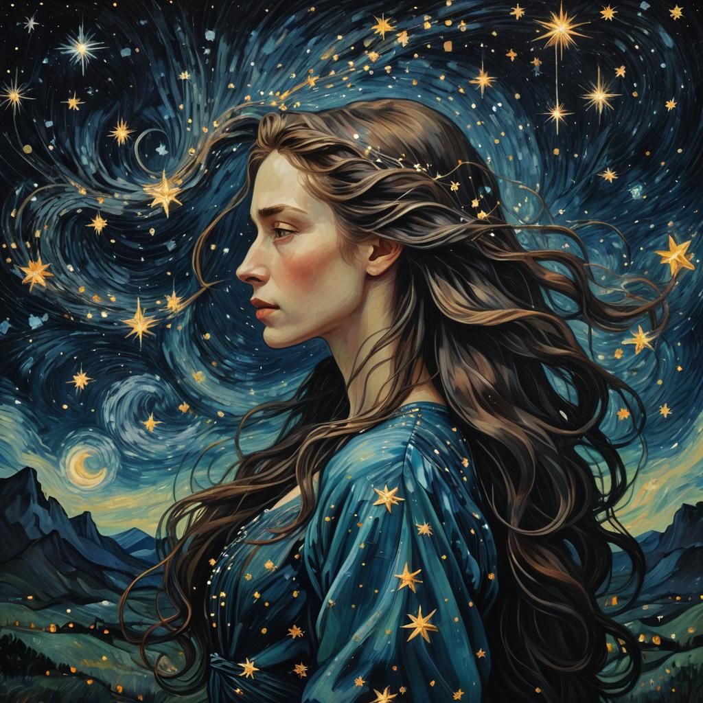 Celestial Portrait in Van Gogh-Inspired Post-Impressionism