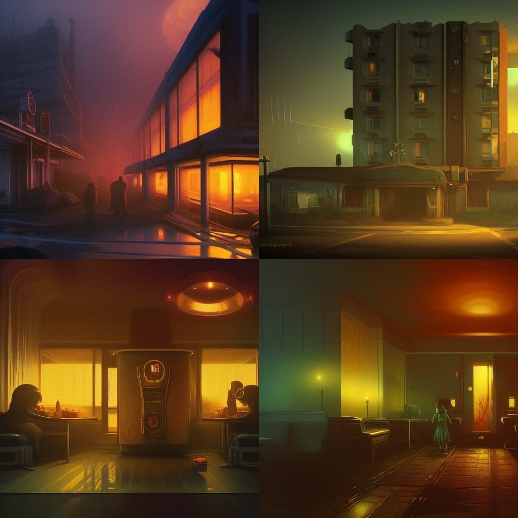 Creepy Motel in Retro-Future Dark Fantasy Style
